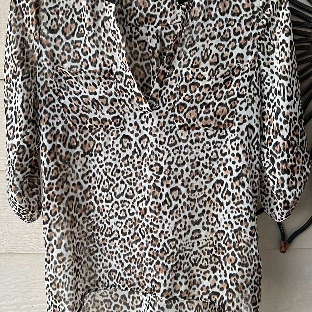 Cheetah Print Hi-Low Black Collar Sheer Blouse, Roll-up & button sleeves, Small